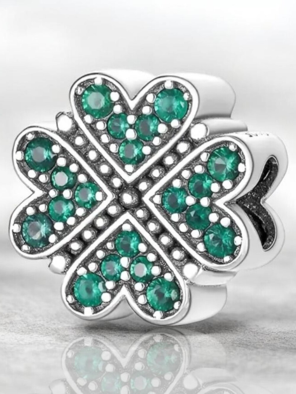 New💚 PANDORA-Like Sterling Silver Lucky Four Heart-Leaf Clover Charm With CZ